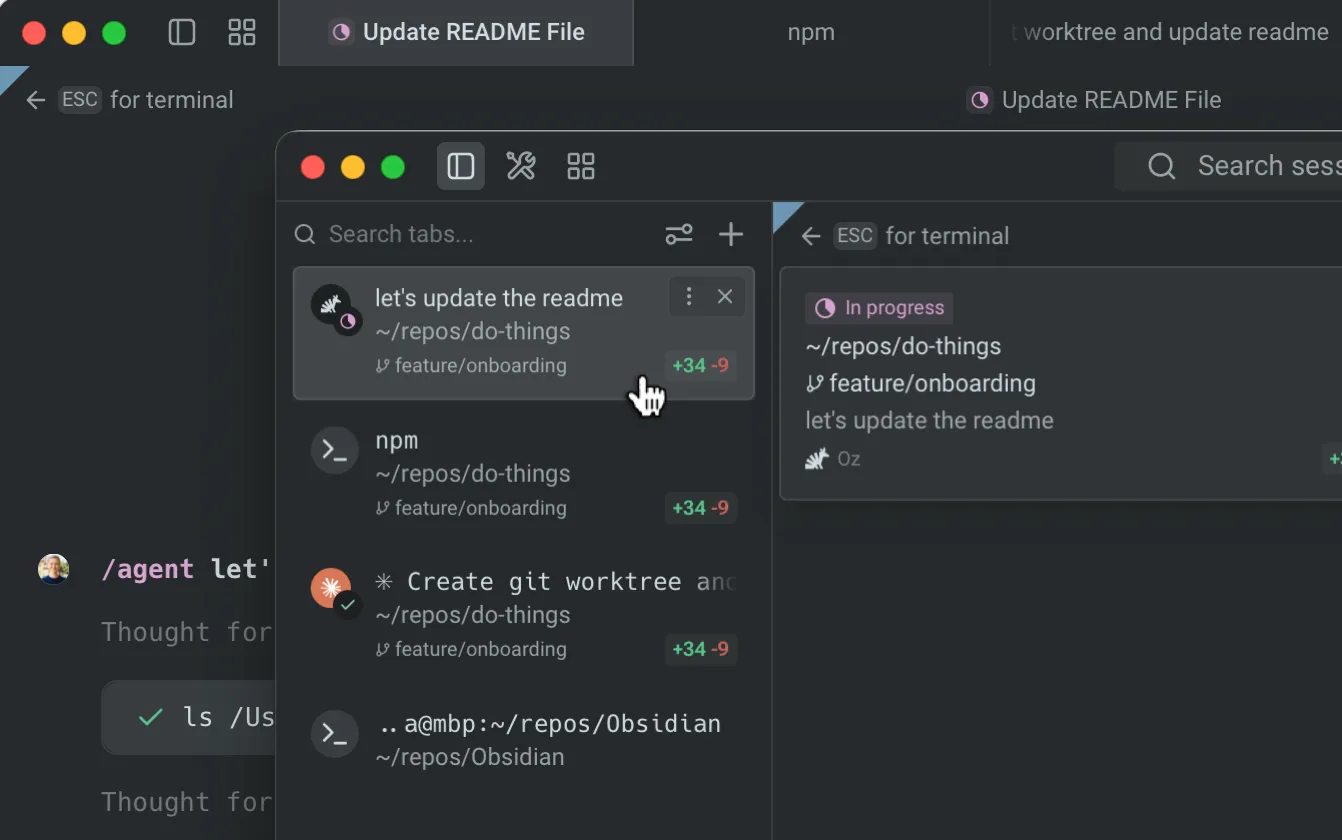 Warp vertical tabs sidebar showing multiple terminal sessions with branch metadata
